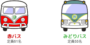 赤バス:定員61名／みどりバス:定員55名