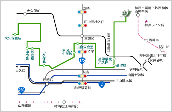 茜南バス停出発コースのマップ